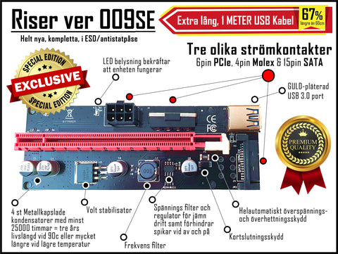 PCIE Riser, Ver 009SE, 100cm kabel, En SATA, en 6pin och en Molex Strömkontakt