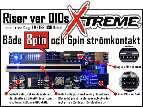 PCIE Riser, Ver 010S XTREME, 100cm kabel, En 8pin, en 6pin och en Molex Strömkontakt
