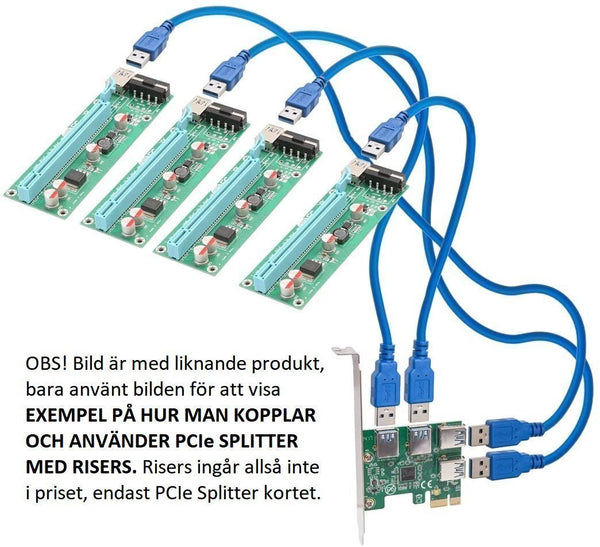 PCIe Splitter Adapter kort, delar 1 PCIe till 4 PCIe USB Riser kontakter